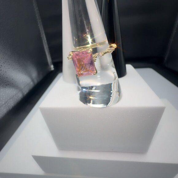 Pink Radiant-Cut Gemstone Ring With Gold-Plated Brass Band & Micro Insert Inlay - Picture 6 of 9
